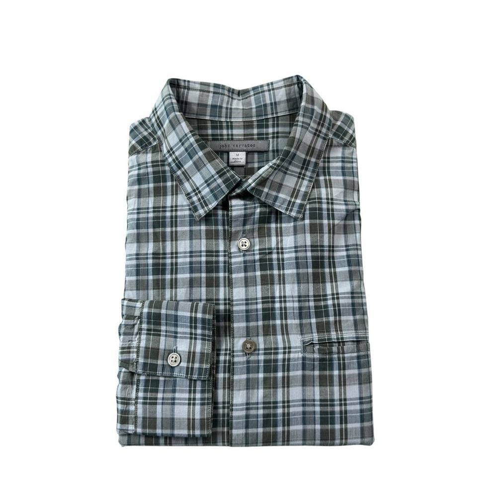John Varvatos Collection Gray Black Blue Checked Cotton Button Front Size M
